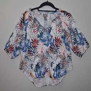 Chico's Leaf Print Top Multicolor  Short Sleeve Blouse Gauze Cotton Tropical 1